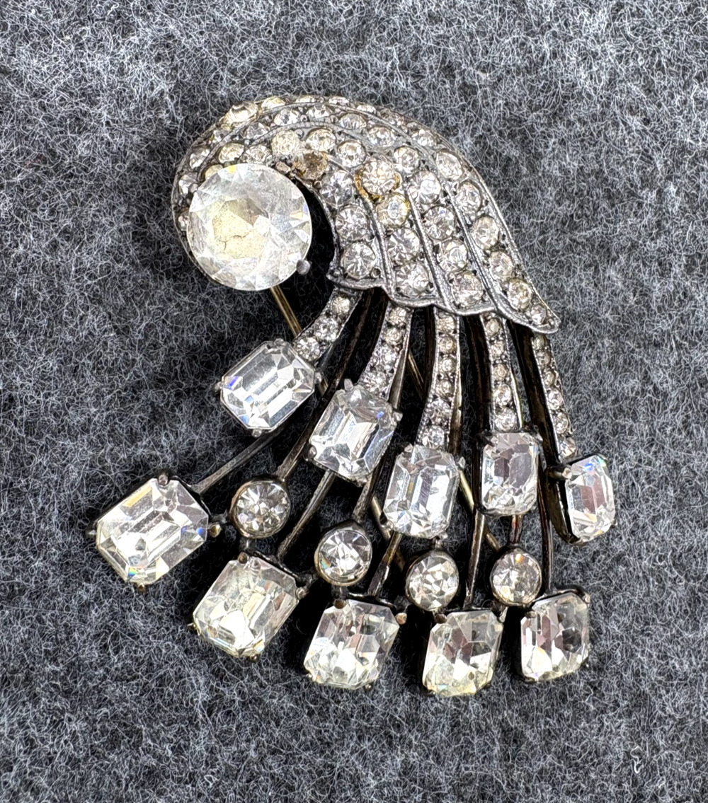Vtg 1940s Eisenberg Sterling Silver Rhinestone Waterfall Fur Clip Brooch Mark E